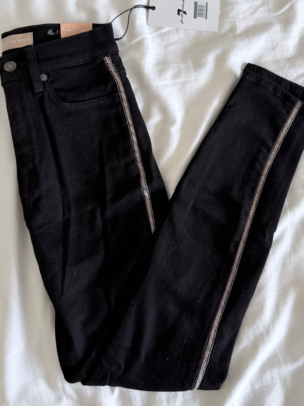 7 For All Mankind Black Skinny Jeans with Silver Side Stripe